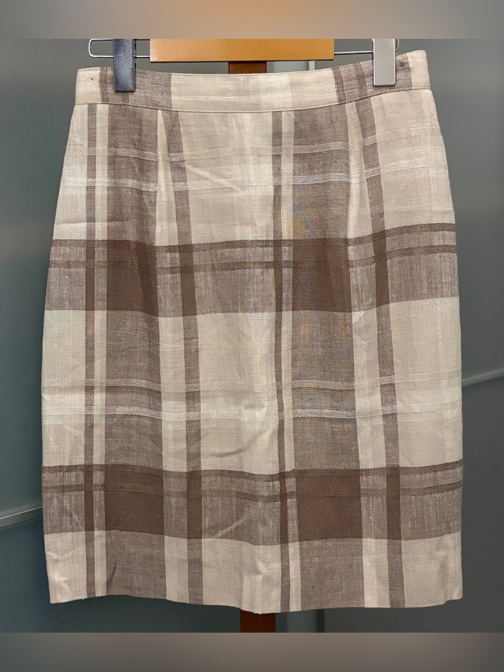 Conrad C. Collection Plaid Linen Blend Pencil Skirt Size 10 Neutral Brown Tan